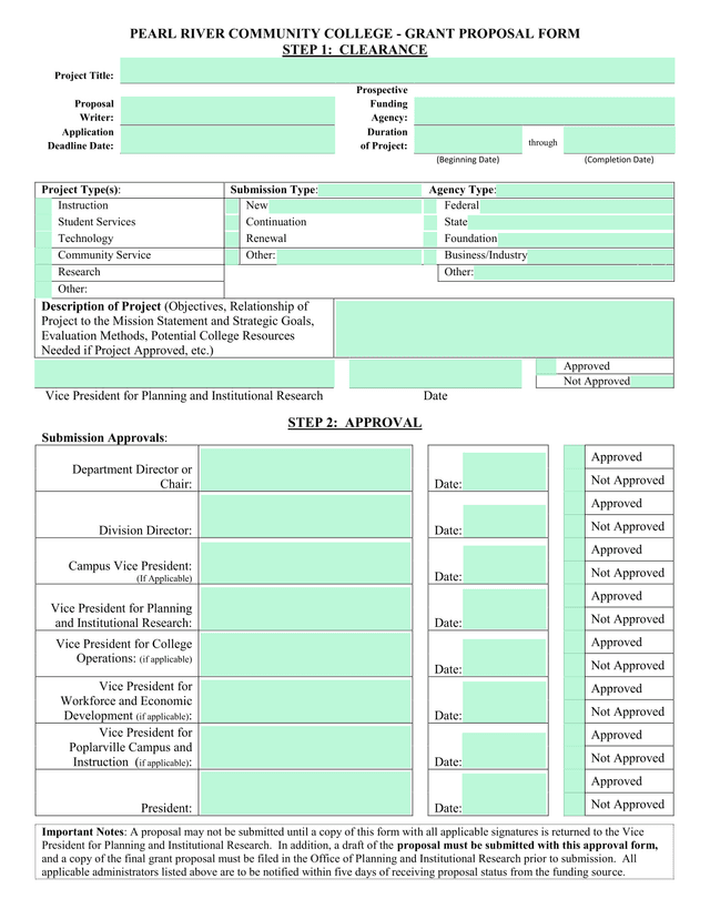 PEARL RIVER COMMUNITY COLLEGE   GRANT PROPOSAL FORM screenshot