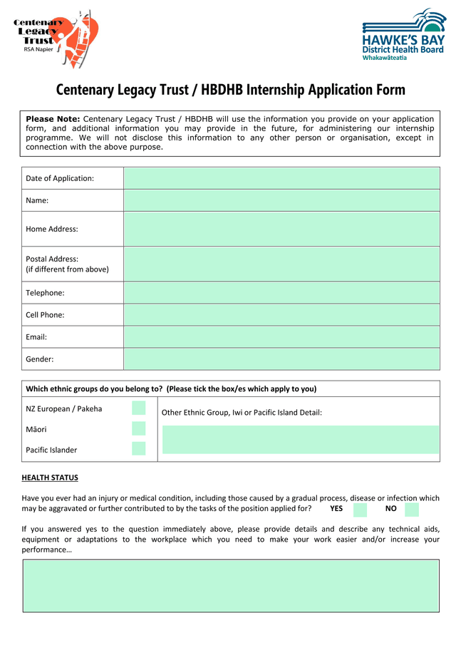 Centenary Legacy Trust  HBDHB Internship Application Form screenshot