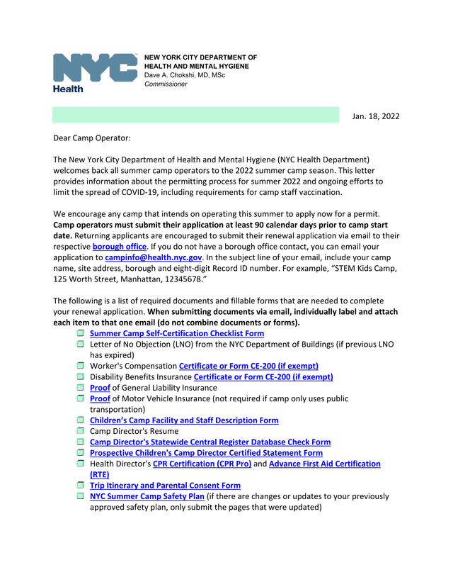 NYC Summer Camp Permitting Application Guidance screenshot