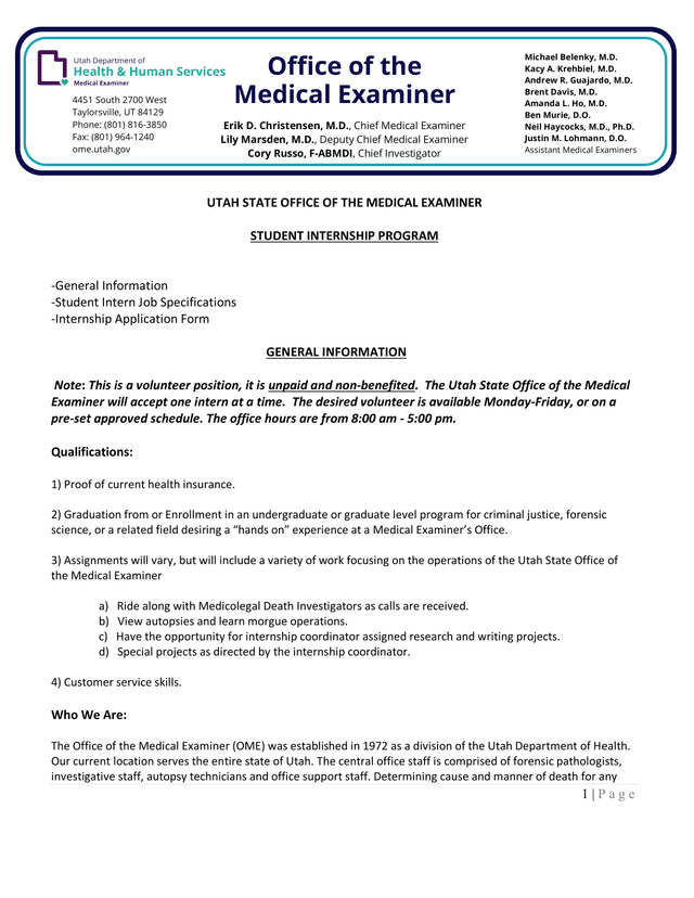 UTAH STATE OFFICE OF THE MEDICAL EXAMINER STUDENT INTERNSHIP PROGRAM screenshot