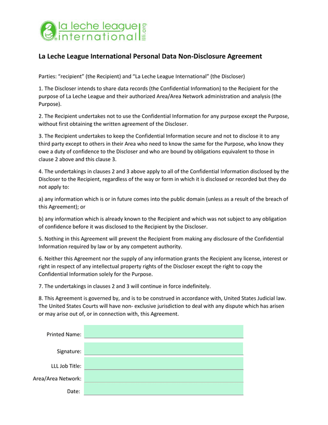 Personal Data Non Disclosure Agreement screenshot