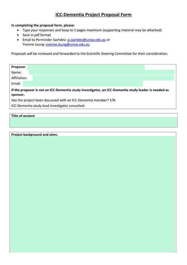 ICC Dementia Project Proposal Form screenshot