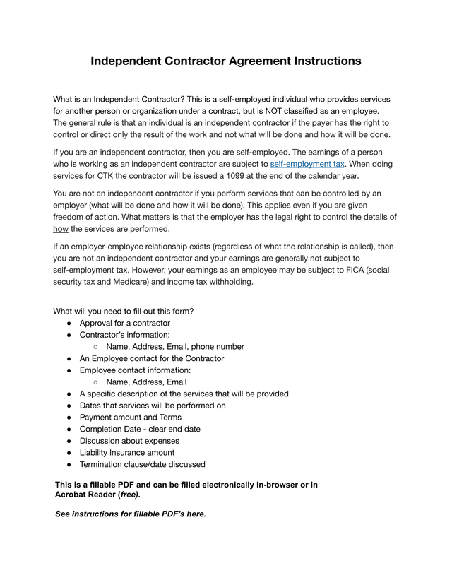 Independent Contractor Agreement Instructions screenshot