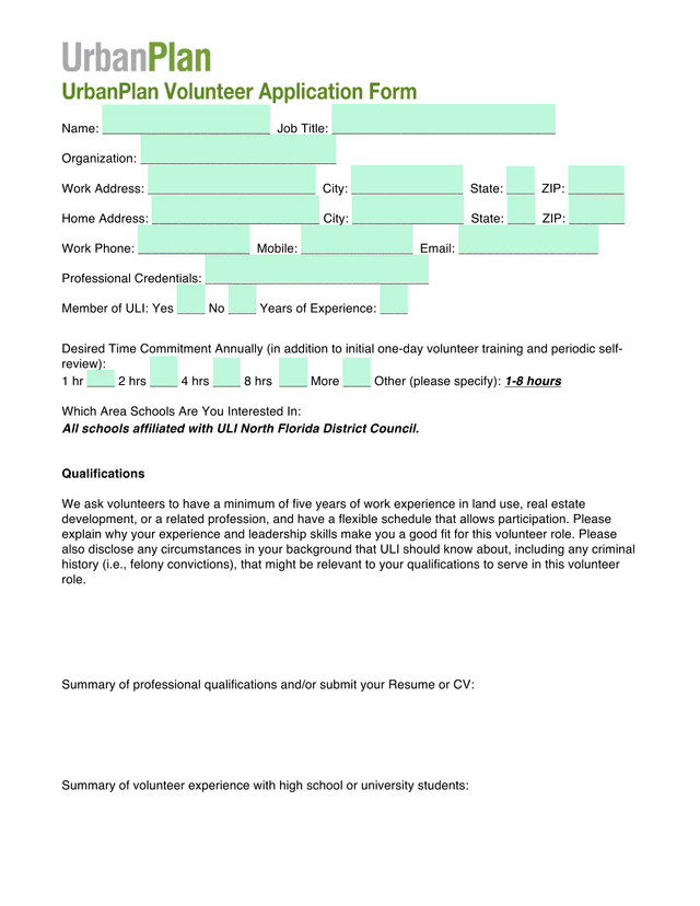 UrbanPlan Volunteer Application Form screenshot