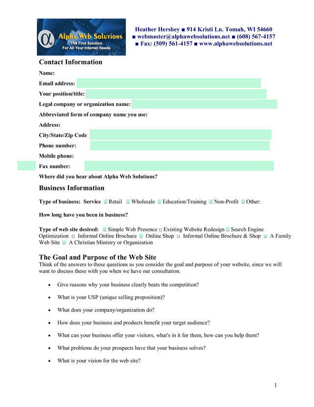 Alpha Web Solutions Website Planning Form screenshot