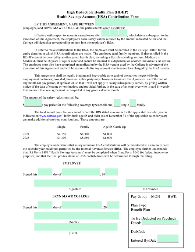 Health Savings Account (HSA) Contribution Form screenshot