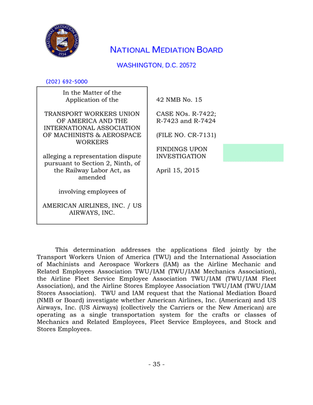 Findings Upon Investigation   Transport Workers Union And International Association Of Machinists  A screenshot