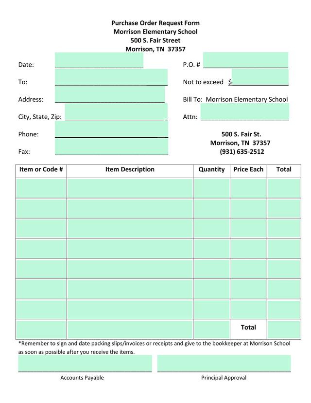 Purchase Order Request Form screenshot