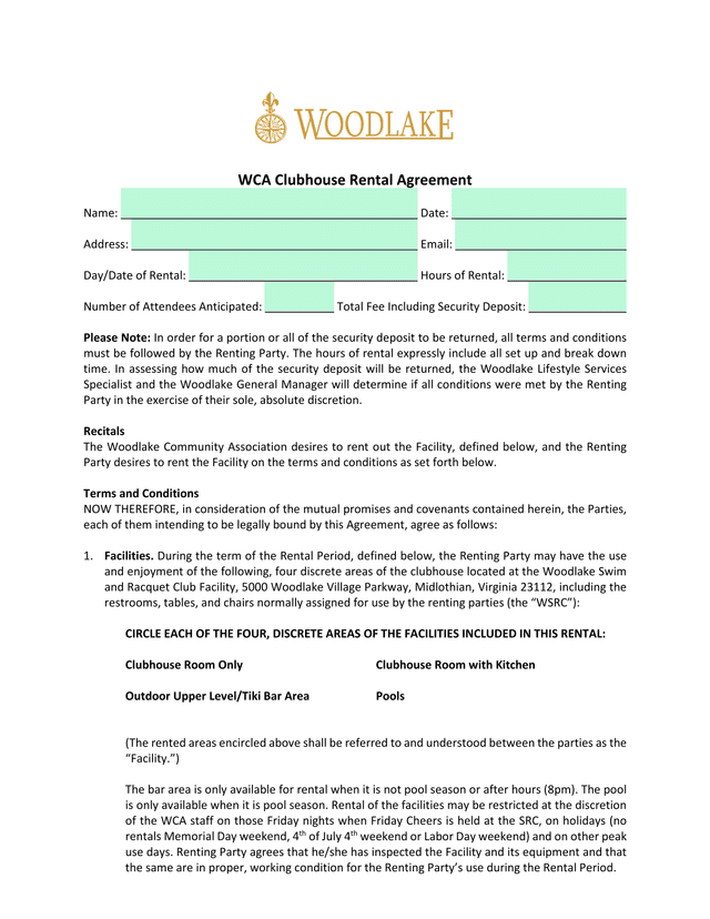 WCA Clubhouse Rental Agreement screenshot