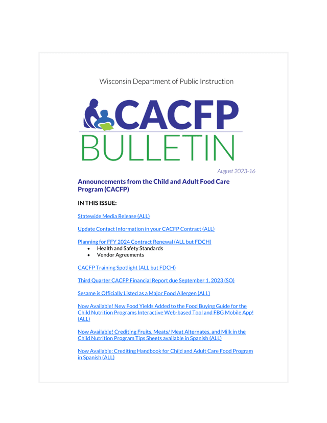 Wisconsin Department Of Public Instruction   CACFP Announcements screenshot