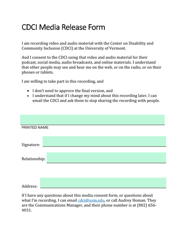 CDCI Media Release Form screenshot