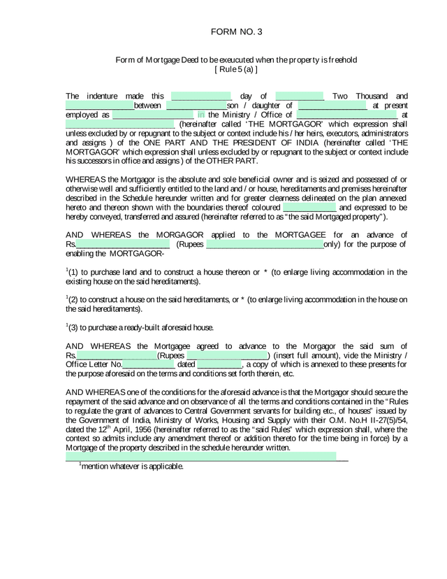 Form No. 3   Form Of Mortgage Deed (Freehold Property) screenshot