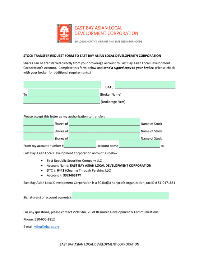 Stock Transfer Request Form To East Bay Asian Local Development Corporation screenshot