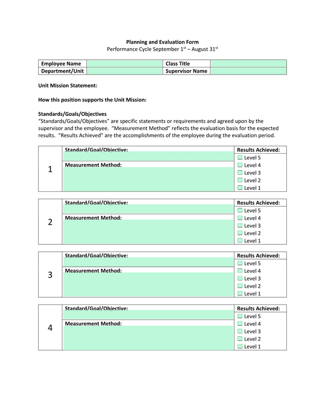 Planning And Evaluation Form screenshot