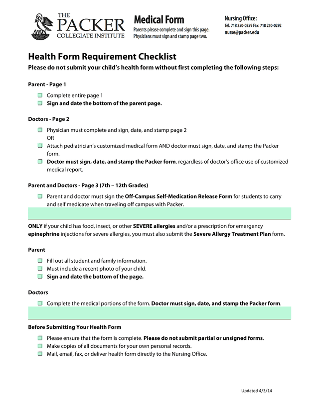 Health Form Requirement Checklist screenshot