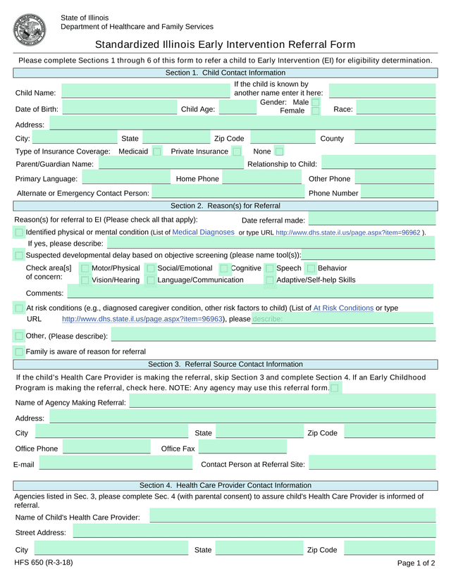 Standardized Illinois Early Intervention Referral Form screenshot