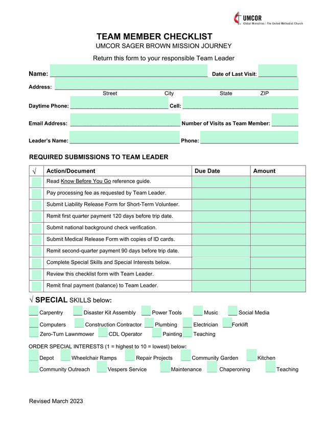 TEAM MEMBER CHECKLIST UMCOR SAGER BROWN MISSION JOURNEY screenshot