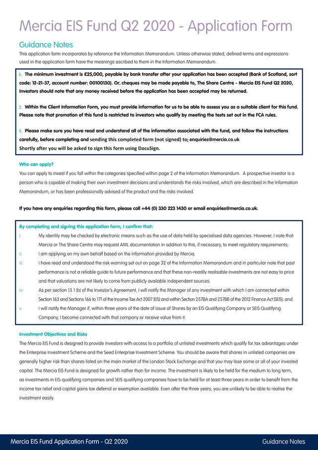 Mercia EIS Fund Q2 2020 Application Form screenshot