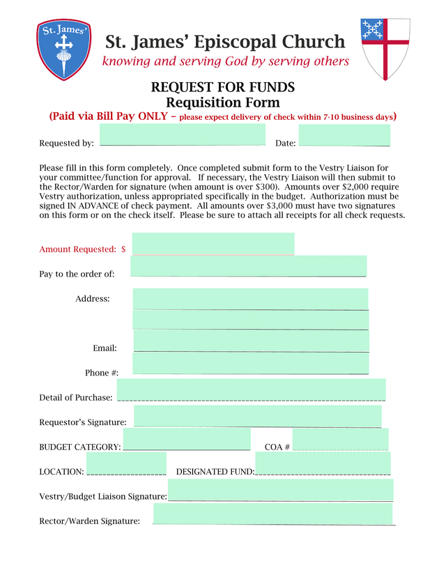 REQUEST FOR FUNDS Requisition Form screenshot
