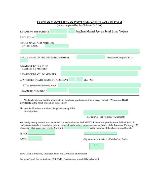 Pradhan Mantri Jeevan Jyoti Bima Yojana  Claim Form screenshot