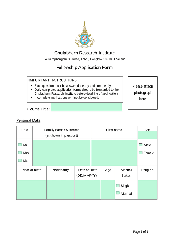 Chulabhorn Research Institute Fellowship Application Form screenshot