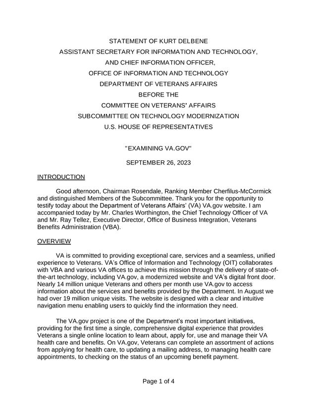 Statement Of Kurt DelBene On VA.Gov screenshot