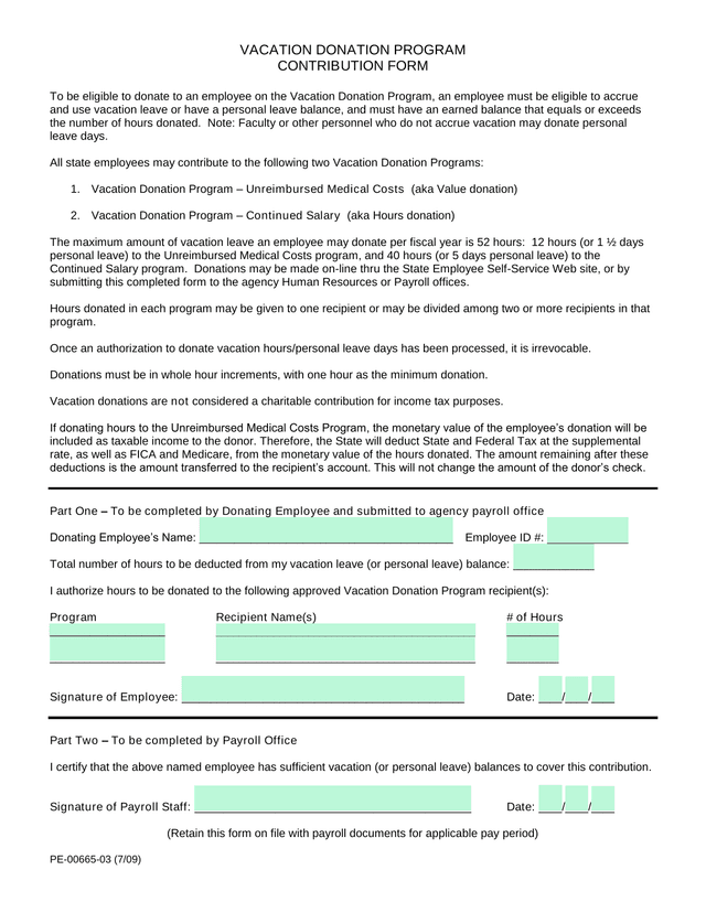 Vacation Donation Program Contribution Form screenshot