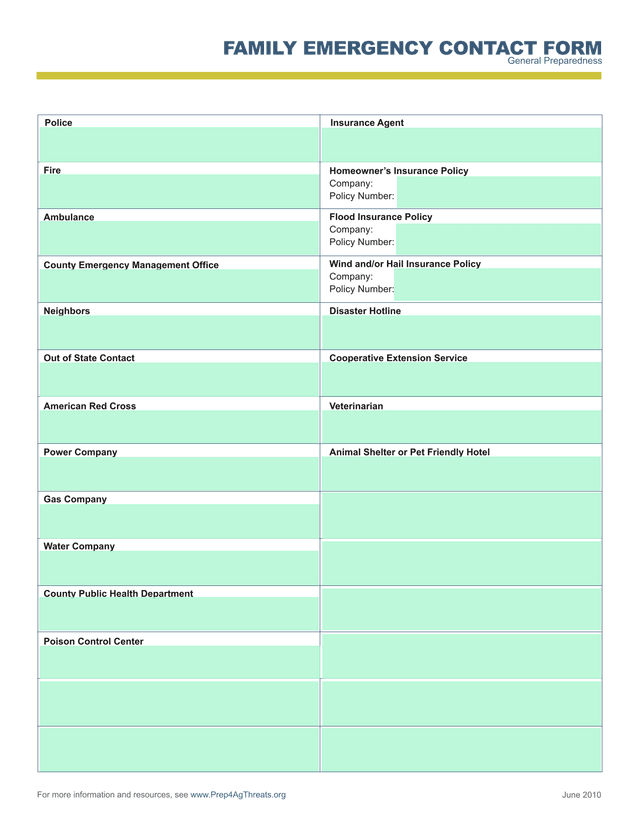 FAMILY EMERGENCY CONTACT FORM screenshot