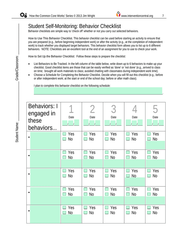 Student Self Monitoring Behavior Checklist screenshot