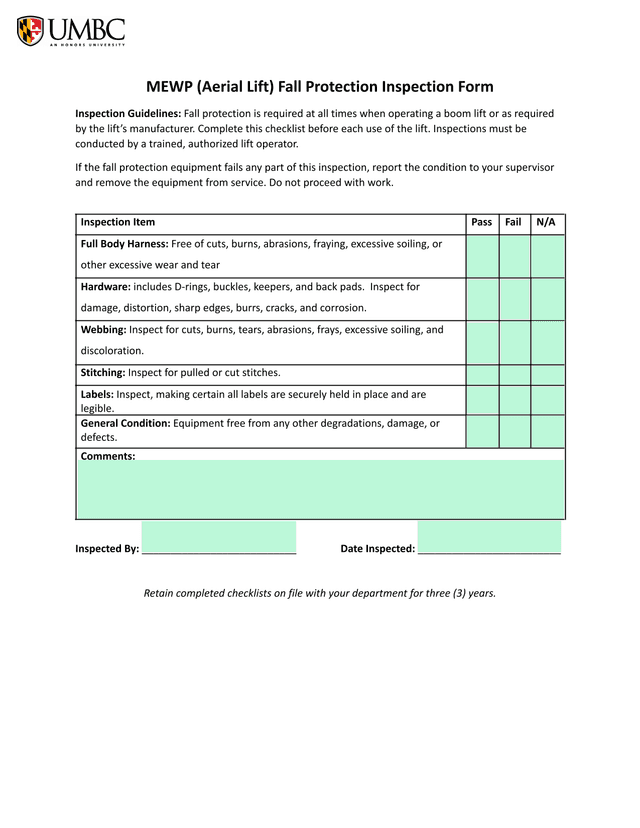 MEWP (Aerial Lift) Fall Protection Inspection Form screenshot