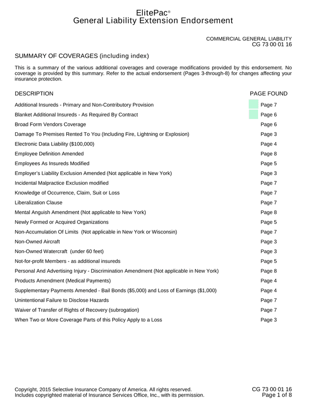 ElitePac General Liability Extension Endorsement screenshot
