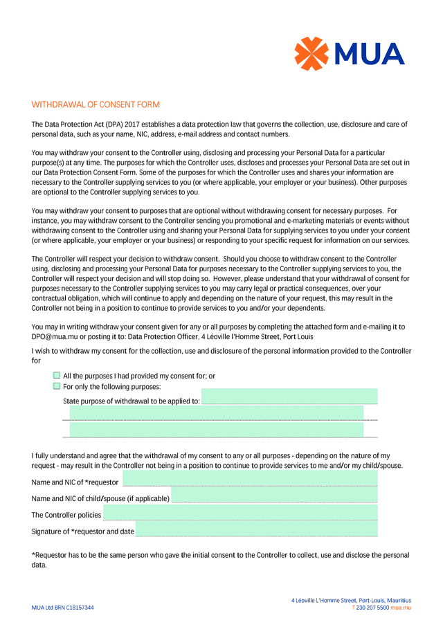 Withdrawal Of Consent Form screenshot