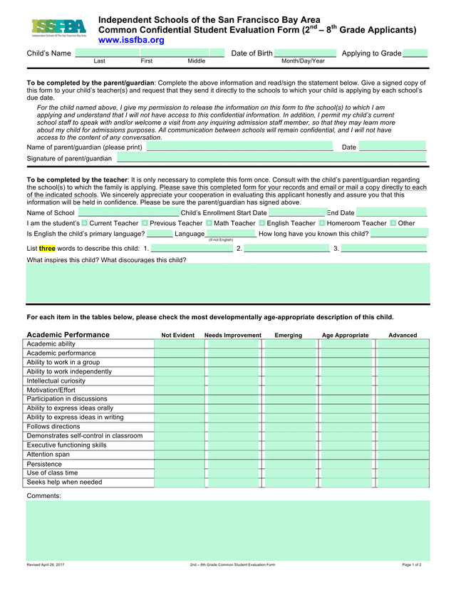 Common Student Evaluation Form (2nd  8th Grade Applicants) screenshot