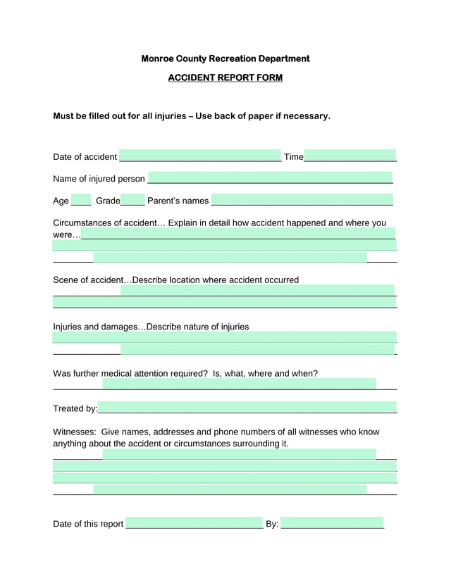 Monroe County Recreation Department ACCIDENT REPORT FORM screenshot