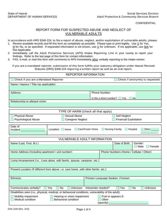 DHS 1640 Report Form For Suspected Abuse And Neglect Of Vulnerable Adults screenshot
