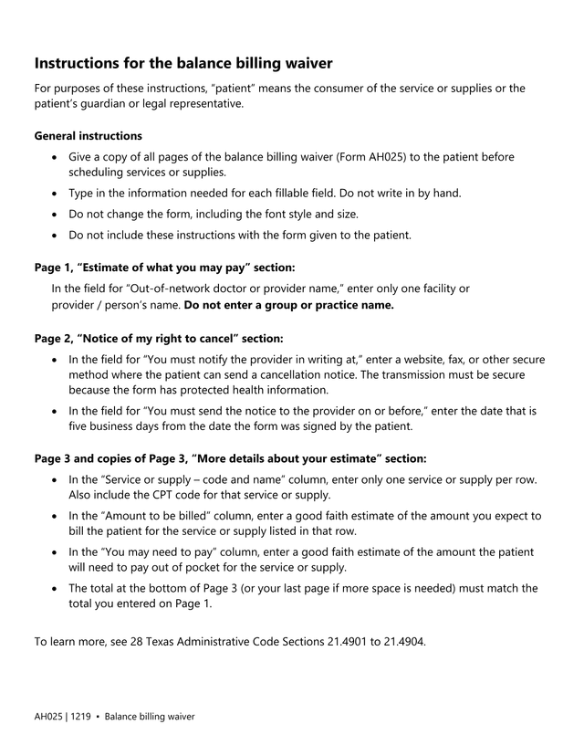 Balance Billing Waiver (Form AH025) screenshot