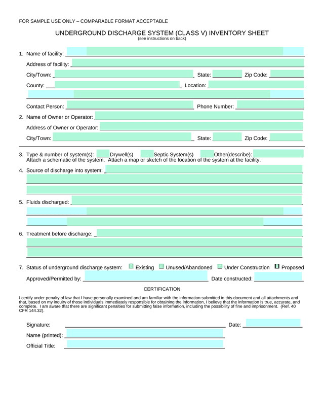 Underground Discharge System (Class V) Inventory Sheet screenshot