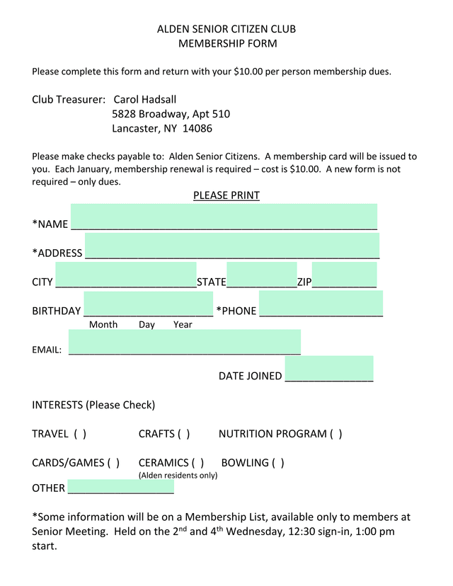 Alden Senior Citizen Club Membership Form screenshot