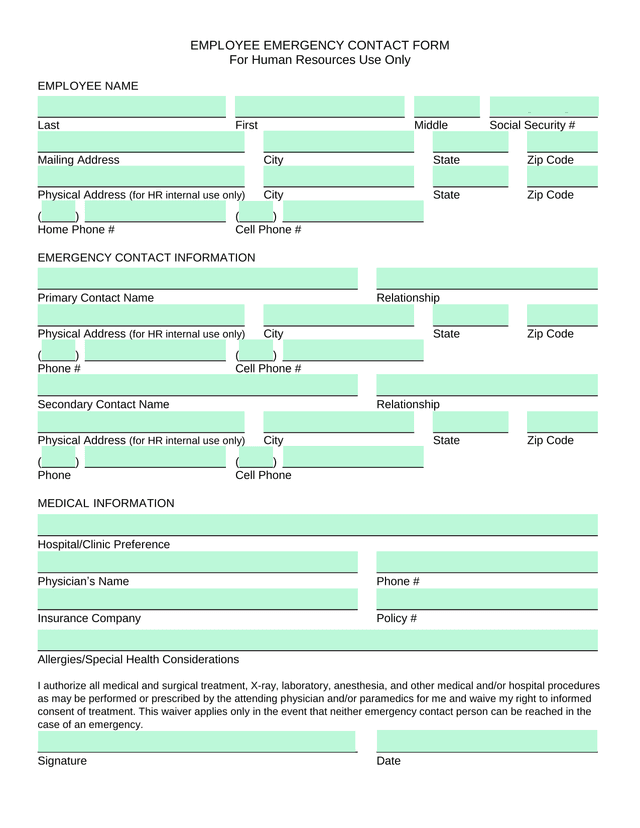 EMPLOYEE EMERGENCY CONTACT FORM screenshot