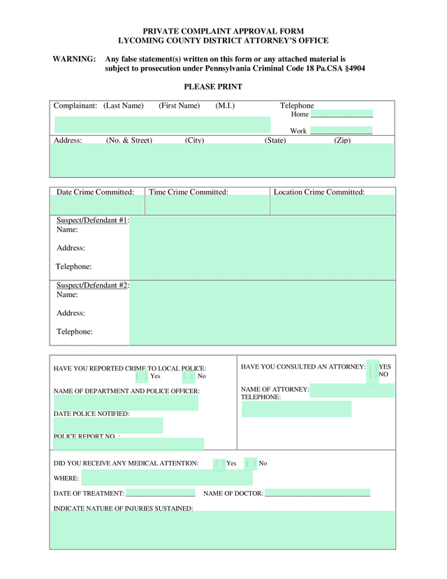 PRIVATE COMPLAINT APPROVAL FORM screenshot
