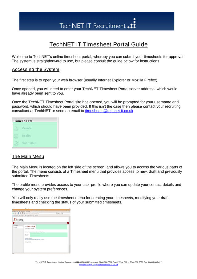 TechNET IT Timesheet Portal Guide screenshot