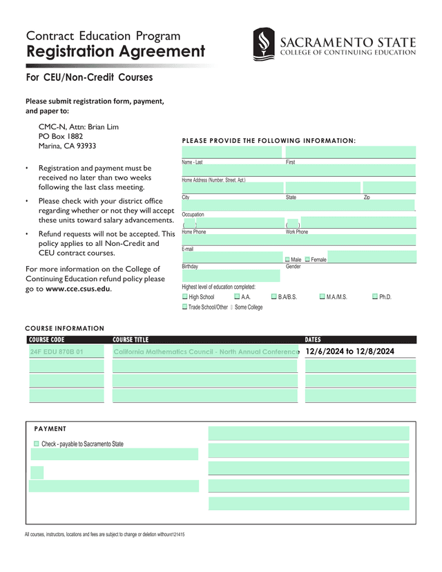 Contract Education Program Registration Agreement screenshot