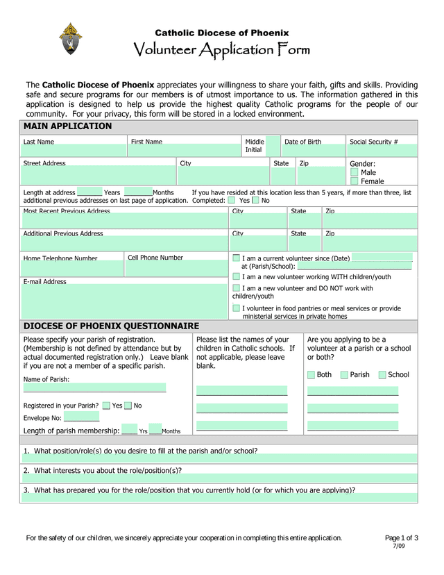 Catholic Diocese Of Phoenix Volunteer Application Form screenshot