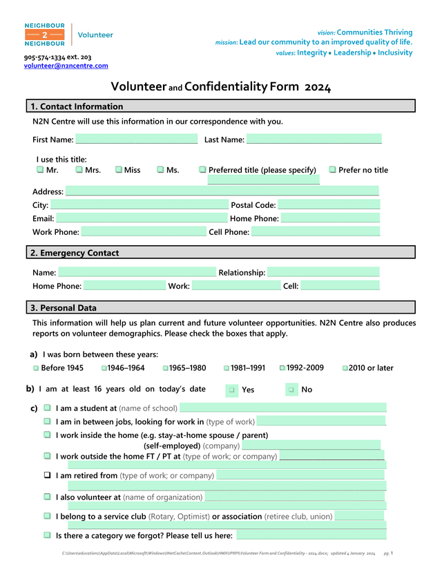 Volunteer And Confidentiality Form 2024 screenshot