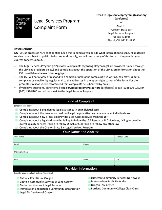 Legal Services Program Complaint Form screenshot