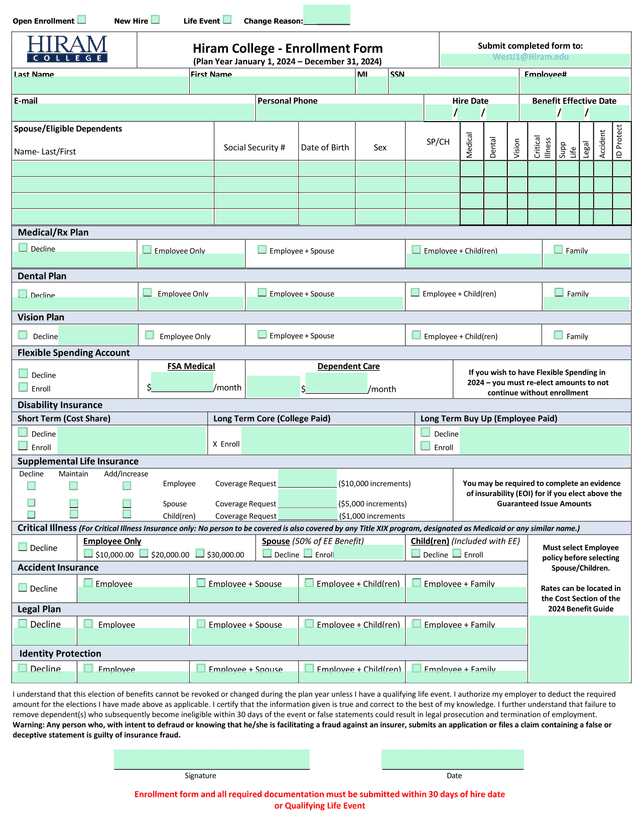 Hiram College   Enrollment Form screenshot