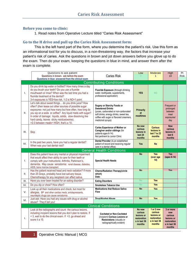 Caries Risk Assessment screenshot