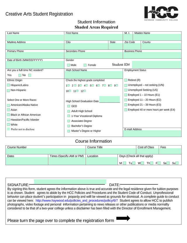 Creative Arts Student Registration screenshot
