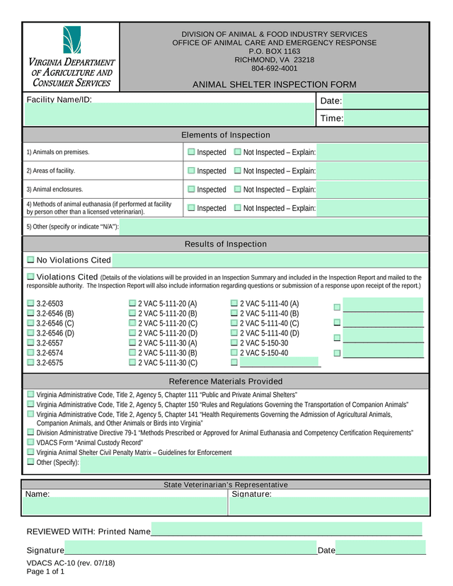 ANIMAL SHELTER INSPECTION FORM screenshot