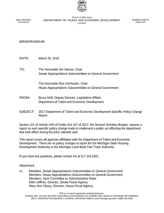 2017 Department Of Talent And Economic Development Specific Policy Change Report screenshot